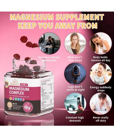 15-in-1 Magnesium Complex Gummies 350 mg/Serv with Ashwagandha Root Vitamin D3 L-Theanine Zinc Gluconate CoQ10 Stress Relief Glycinate Gummy Sugar Free Chews Supplement for Adults Sleep (Raspberry) - Buy Online on GoSupps.com