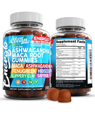 Ashwagandha Maca Root Gummies with Fenugreek Hibiscus Slippery Elm Saffron Extract & Beta Carotene | Peach Flavor Vegan Gummy Vitamins Adaptogen Cortisol Supplement Energlo by Clean Nutra 1