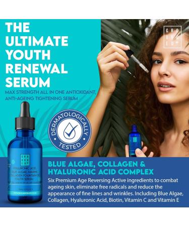 Grounded Hyaluronic Acid Serum - 50ml Large | Formulated with Blue Algae Marine Collagen Vitamin C & Biotin | Super Anti Ageing Face Solution | Targets Wrinkles Fine Lines & All Signs of Ageing - Buy Online on GoSupps.com