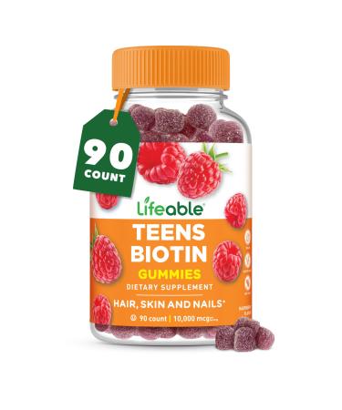 Lifeable Teens Biotin 10000mcg Gummies | Vitamin B7 | Vegan Biotin Supplement | Great Tasting Biotin Gummies for Hair Growth Healthy Skin and Nails | Biotin Vitamins for Teens | 90 Gummies