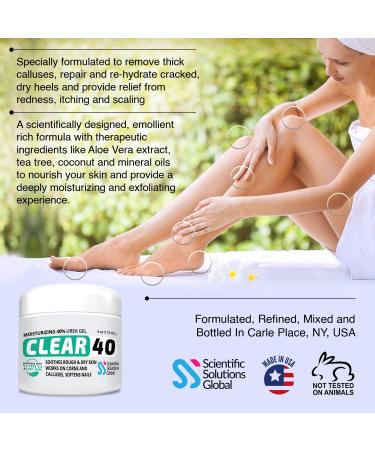 Clear 40 40% Urea Gel 4 oz w/ Tea Tree, Coconut Oil & Aloe Vera - Callus & Corn Treatment | Hydrating Cracked Heels, Feet, Elbows, Hands, Nails - Buy Online on GoSupps.com
