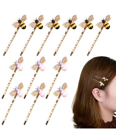 Luckycivia 12 Pcs Metal Cute Bee Hairpin  Exquisite Alloy Crystal Bee Hair Side Clips  Honeybee Hair Accessories for for Women Girls and Teen (2 Colors)