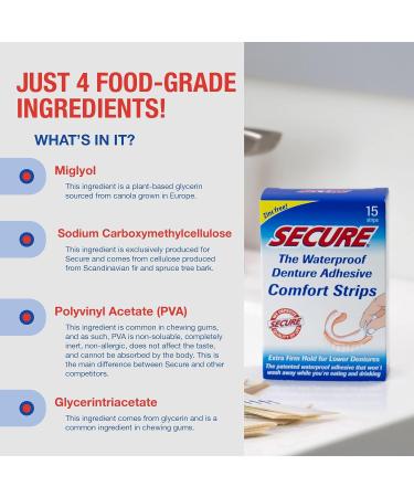 Secure Comfort Strips Waterproof Denture Adhesive - Zinc Free Extra Firm Hold for Lower Dentures (2 Pack 15 Count) - International Shipping Available - Buy Online on GoSupps.com