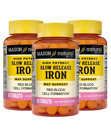 Mason Natural Slow Release Iron (Ferrous Sulfate) - Supports Red Blood Cell Formation, Gentle on Stomach, High Potency Iron Supplement, 60 Tablets (Pack of 3) - Buy Online on GoSupps.com