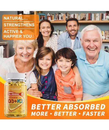 Plant-Based D3 K2 Vitamin 10000 IU w/ Virgin Coconut MCT Oil - 200 mcg MK7 Vitamin K2 Non-GMO for Ultimate Absorption - Bone Immune & Heart Health - Easy to Swallow D & K Supplement - 250 Softgels 250 Count (Pack of 1) - Buy Online on GoSupps.com