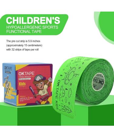 OK TAPE Kinesiology Tape for Kids(5.9 in 32 Strips)  Hypoallergenic  Breathable  Gentle Removal  Suitable for Basketball  Baseball  Rugby and Other Children's Sports  Relieve Muscle Fatigue - Green - Buy Online on GoSupps.com