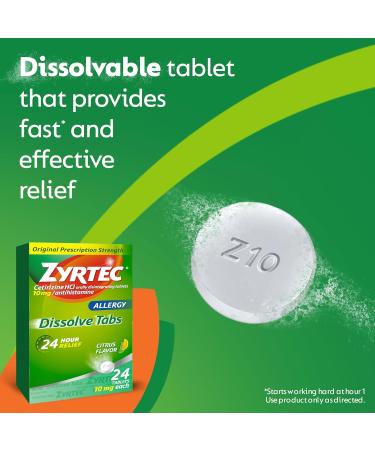 Zyrtec 24 Hour Allergy Relief - 10 mg Cetirizine HCl Antihistamine Citrus Flavor Rapid Relief from Ragweed & Tree Pollen 24 Tablets - International Shipping Available - Buy Online on GoSupps.com