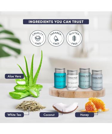 Terra Pure White Tea & Coconut Toiletries Set - 80 Piece Travel Amenities for Hotels Airbnb & Rentals | Hotel Shampoo Conditioner Body Wash & Lotion - Buy Online on GoSupps.com
