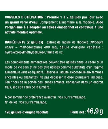 RHODIOLA ROSEA - 400 mg - 100% Pure Formula - Root Extract Titled 3% Salidroside - Stress & Fatigue - Concentration & Cognition - 120 Vegan Capsules - Nutrimea - Made in France - Buy Online on GoSupps.com