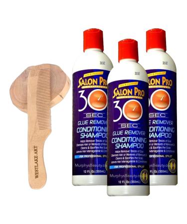 Shampoo 12 Oz - 30 Sec Hair Glue Remover Shampoo | Bundled With Wooden Comb Conditioning Shampoo Residue Remover Fast-Acting Cleanser Conditions & Soothes Scalp Pack Of 3