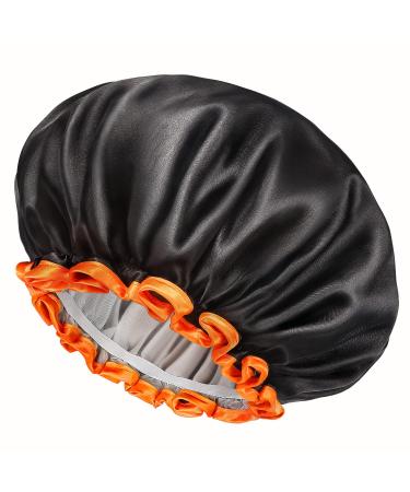 Mikimini Black Large Shower Cap for Women - Waterproof Bathing Hair Cap with Reusable PEVA Lining - Non-Fading & Stretchy Shower Hat - XL/1PC Black+Orange - Buy Online on GoSupps.com