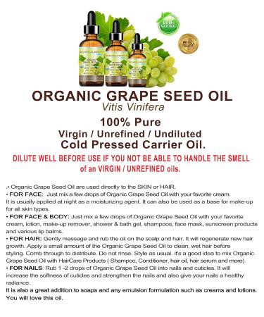 Botanical Beauty Organic GRAPE SEED OIL 100% Pure Natural VIRGIN UNREFINED Cold-Pressed Carrier Oil 2 Fl oz 60 ml for Face Skin Body Hair Lip Nails Massage. Rich in Vitamin E - Buy Online on GoSupps.com