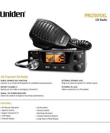 Uniden PRO505XL 40-Channel CB Radio - Compact Design, PA Function, Emergency Channel 9, External Speaker Jack, Large Display - Black - Buy Online on GoSupps.com