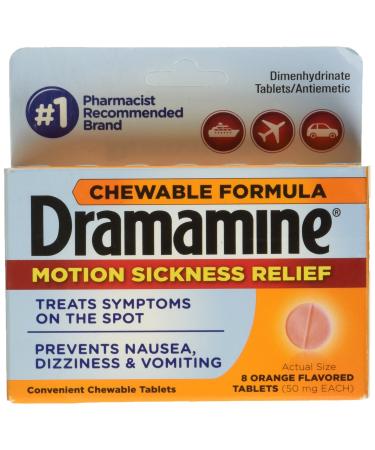 Dramamine Dimenhydrinate Tablets/Antiemetic 50 mg Chewable Tablets Orange Flavor 8 Tablets