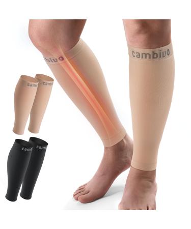 CAMBIVO 2 Pairs Calf Compression Sleeves(20-30 mmHg) Shin Splint Compression Sleeves for Men and Women - Footless Compression Socks for Swelling Varicose Veins Running(CS13 Nude Large) Large Nude
