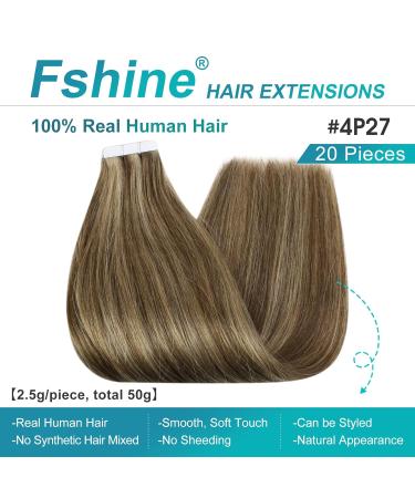 FSHINE Real Hair Extensions - 30cm PU Double-Sided Tape | Volume 4 Medium Brown & Blonde Highlights | #4P27 - Shop Internationally! - Buy Online on GoSupps.com