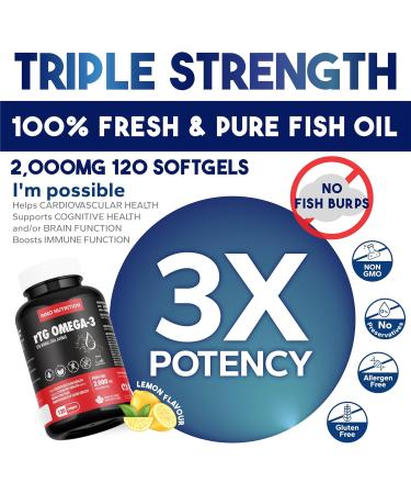 Triple Strength rTG Omega-3 Fish Oil 2000 mg w/EPA & DHA Fatty Acids 120 Softgels Helps Brain & Heart Health Immune Supports for Men & Women Burpless Fish Oil Non-GMO Made In Canada - Buy Online on GoSupps.com