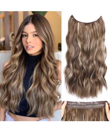 Halos Hair Extension with Transparent Wire Invisible Wire Hair Extensions with 5 Adjustable Sizes 20 Inch Synthetic Wavy Hair Pieces for Women (Color: Deep Almond Brown with Wheat Germ Blonde)