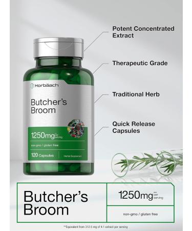 Horbaach Butchers Broom Capsules 1250mg | 120 Count | Non-GMO Gluten Free | Traditional Herb Root Extract Supplement - Buy Online on GoSupps.com
