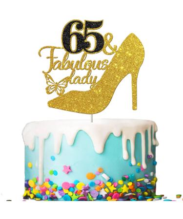 Tenhaisi Black Golden Glitter 65 & Fabulous Lady Cake Topper Happy 65th Birthday Party Decoration for Women - Cheers to 65 Years Wedding Anniversary Party Supplies