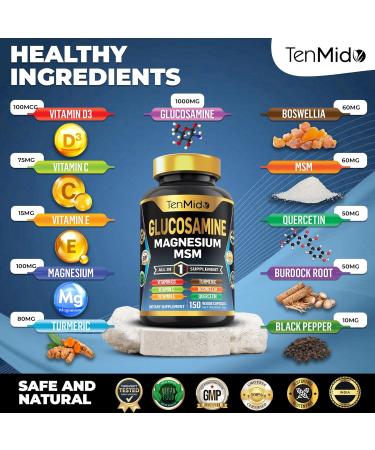 Tenmido Glucosamine MSM Supplement for Men and Women - 11in1 Formula - Combine with Magnesium Turmeric Boswellia Quercetin Burdock Root and More | Joint & Mobility Support - 150 Capsules - Buy Online on GoSupps.com