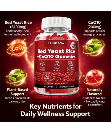 Lunessa Red Yeast Rice with CoQ10 200mg | Red Yeast Rice 2400mg Restores Body Vitality & Maintains Healthy Cholesterol Levels for Men & Women Non-GMO Vegan 60 Gummies -1PCS (Raspberry Flavor) - Buy Online on GoSupps.com