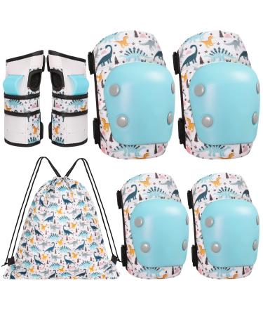 Knee Pads For Kids Dinosaur Knee Elbow Pads Wrist Guards with Drawstring Bag, Protective Gear Set For Girls Boys Kids Knee and Elbow Pads Set for Skating Cycling Scooter,5-15 Years Tiffany Blue