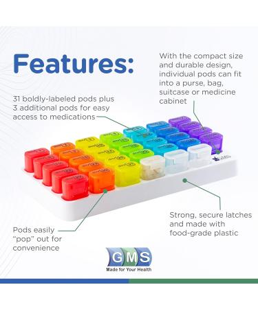 GMS Monthly Pill Organizer - 31 Day Pop Out Pill Pods for Vitamins & Medications | Ideal for Daily Use & Travel - Rainbow Colors - Buy Online on GoSupps.com