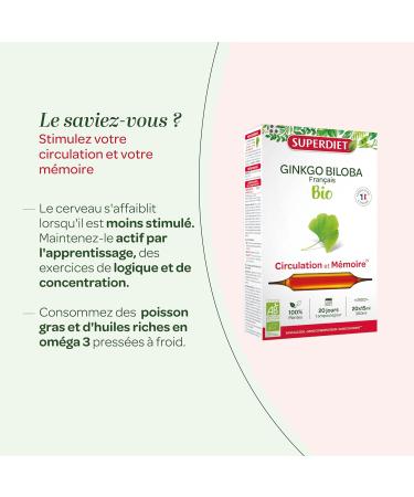 SUPERDIET - GINKGO BILOBA ORGANIC - Circulation & Memory - Manufacture and Origin France - 20 ampoules of 15 ml - Buy Online on GoSupps.com