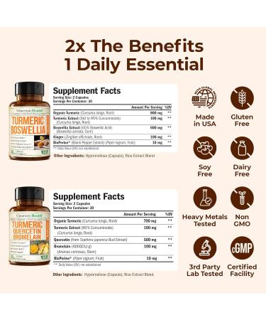 Boswellia Turmeric Curcumin Supplement + Quercetin with Bromelain Bundle Allergy Relief Joint Health & Immune Support with Ginger Root Organic Turmeric Powder Black Pepper (Bioperine) - Buy Online on GoSupps.com