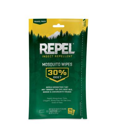 Repel Insect Repellent Mosquito Wipes, Repels Mosquitoes, Ticks, Gnats and Other Listed Pests, 30% DEET (15 Wipes) Travel Sized