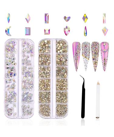 3120Pcs Nail Art Rhinestones Kit HOINCO 120Pcs Multi Shapes Glass Crystal AB Rhinestones and 3000Pcs Round Flat Back Gems Diamond with Tweezers and Dotting Pen for Nail Art Decoration(Crystal Parsh)