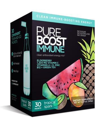 Pureboost Immune Clean Energy Drink Mix: Immunity Supplement with Elderberry 1200 mg Vitamin C Vitamins A + D Zinc 28 Vitamins Minerals and Supernutrients (Tropical Spark 30 Count)