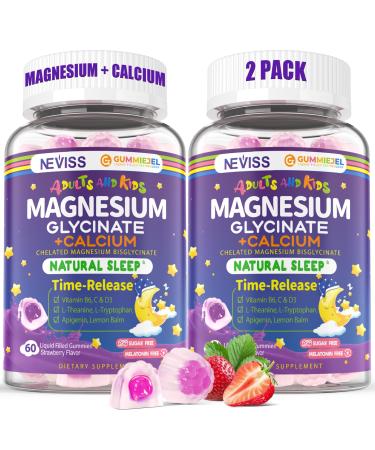 Neviss Magnesium Glycinate + Calcium Filled Gummies for Adults and Kids 4+ Kids Sleep Gummies Melatonin Free No Sugar Magnesium Supplement w/B6 D3 L-Theanine for Zzz Relax Brain Bone Muscle 2Pack