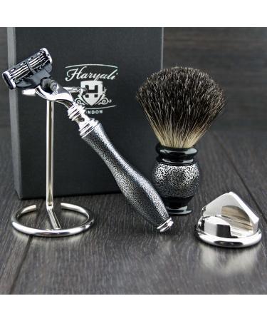 4 Pc Men's Shaving Kit - 3 Edge Razor Black Badger Hair Brush & Stands | Perfect Gift for Men - Buy Online on GoSupps.com