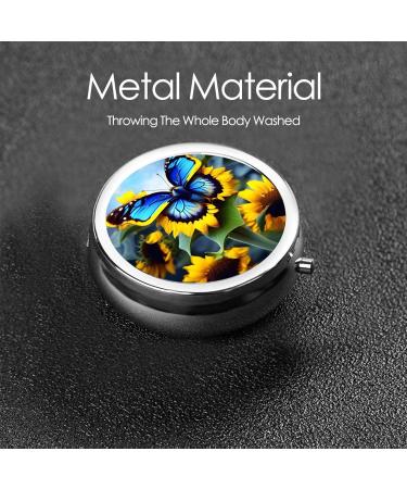 Sunflower Blue Butterfly Round Pill Box | 3 Compartment Travel Organizer | Portable Pill Holder for Travel - Buy Online on GoSupps.com