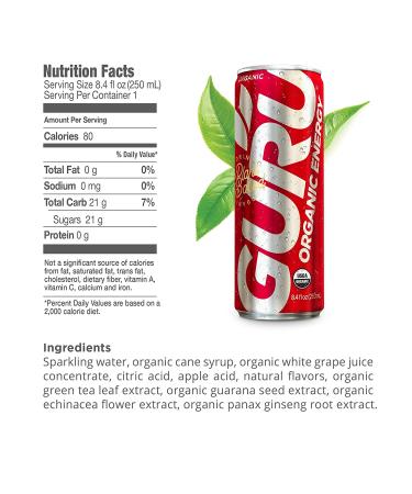 GURU | Original Plant-Based Energy Drink | Recharge with Good Energy from Green Tea | Natural & Organic Ingredients | Healthy Energy drinks to Help Stay Focused | Refreshing Taste | 8.4oz (Pack of 24) - Buy Online on GoSupps.com
