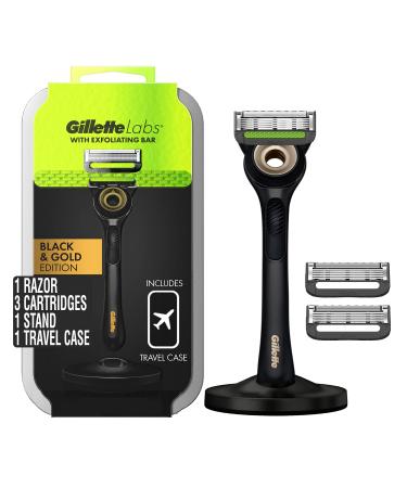 Gillette Razor for Men with Exfoliating Bar Gold Edition by GilletteLabs, Includes 1 Handle, 3 Razor Blade Refills, 1 Travel Case, 1 Premium Magnetic Stand 1 Handle + 3 Refills Black and Gold Edition