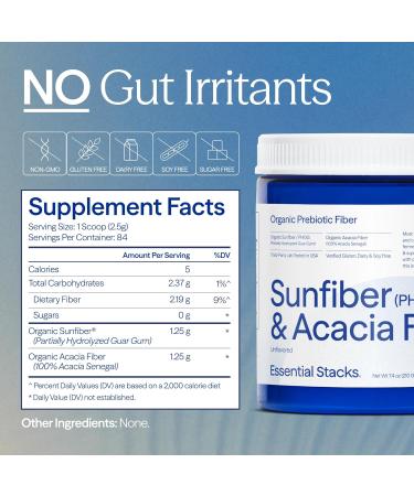 Essential Stacks Organic Sunfiber Prebiotic Fiber (Partially Hydrolyzed Guar Gum/PHGG) with Acacia Fiber Powder - Gluten Free Non-GMO & Unflavored (7.4 oz) - Buy Online on GoSupps.com