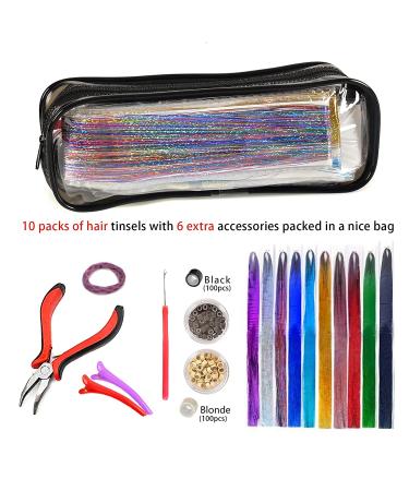 Glittery Hair Tinsel Kit - 10 Colors Hair Extensions with Tools for Party, Halloween, Christmas - Fairy Sparkling Hairpiece with Plier, Needle, Beads - Buy Online on GoSupps.com