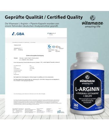 L-Arginine Capsules High Dose - 360 Count | Pre-Workout Supplement with B6 B12 Folic Acid Selenium & Piperine - Made in Germany | Pure & Natural Energy Boost - Buy Online on GoSupps.com