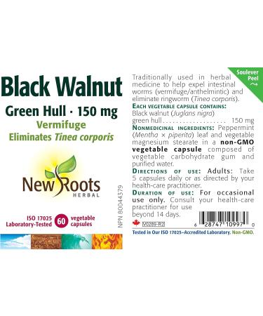 New Roots Herbal - Black Walnut Green Hull 150mg 60 Capsules - Black Walnut Hulls - Black Walnut Capsules - Intestinal Worms and Eliminate Ringworm 60 count (Pack of 1) Green Hull - 150 mg - Buy Online on GoSupps.com