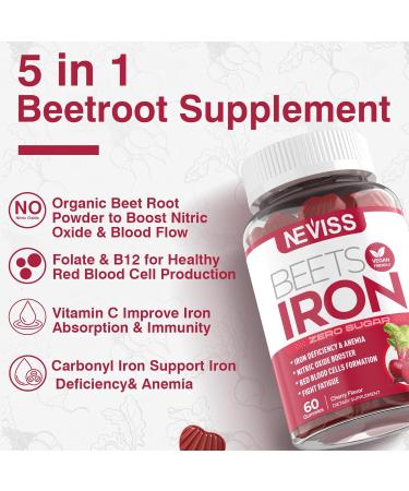 Beet Root Gummies with Iron, Methyl B12, Folate, Vitamin C - Increase Nitric Oxide & Iron Levels, Energy Support, Fight Fatigue, Beetroot & Gentle Iron Supplement, Sugar Free, 120 Count 60 Count (Pack of 2) - Buy Online on GoSupps.com