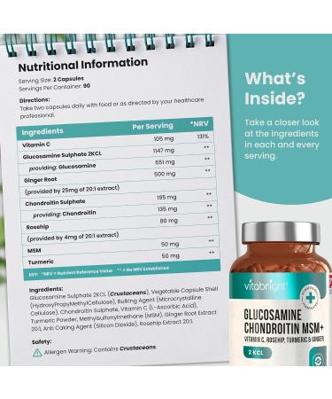 Glucosamine Chondroitin MSM Joint Care Supplement with Turmeric, Vitamin C, Ginger & Rosehip - 180 Capsules - High Strength Formula - Made in UK - VitaBright - Buy Online on GoSupps.com