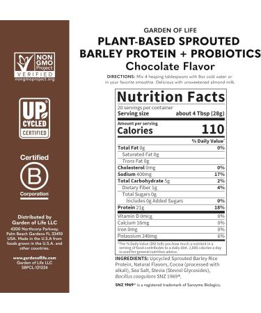 Garden of Life Plant-Based Sprouted Barley Protein Chocolate with 21g Protein 0g Sugar & Clean Ingredients Upcycled Barley Probiotics Non-GMO use in Shakes Smoothies & Baking 20 Servings - Buy Online on GoSupps.com