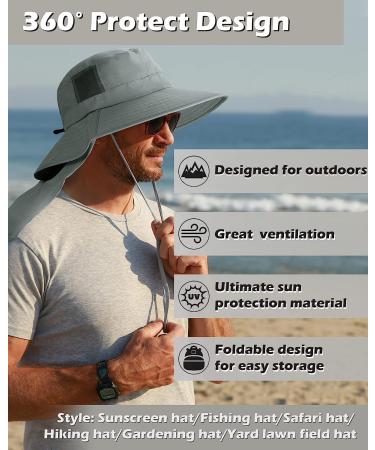 Men's Wide Brim Sun Hat with Neck Flap - Grey | Outdoor Fishing Safari Cap - Buy Online on GoSupps.com