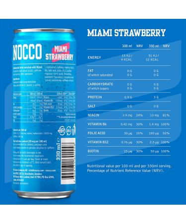  NOCCO NOCCO Energy Drink | BCAA 180mg Caffeine sugar free drinks enhanced with amino acids and vitamins | pre workout fizzy drinks 12 x 330ml (Miami Strawberry) - Buy Online on GoSupps.com