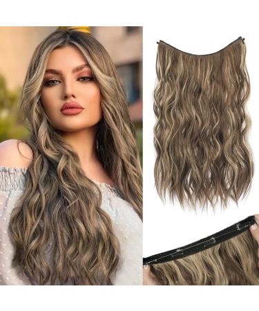 Sofeiyan hair part extensions invisible wire hair extension soft lace shot hair extensions long curly corrugated synthetic hair extension pieces for women 50cm brunette & ashblond brunette mixed ashblond