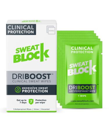 SweatBlock DRIBOOST Clinical Protection Antiperspirant Wipes, Treat Hyperhidrosis, Excessive Sweating, & Stop Pit Stains - Up to 7 days Protection Per Wipe - 5 ct - Unisex