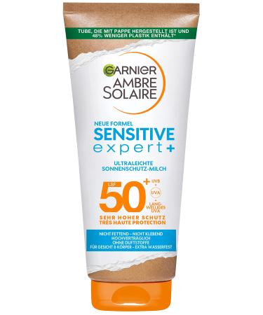 Garnier sun protection milk with LSF 50+ very light and uncomfortable sunscreen for light and sensitive skin ambre solaire sensitive expert+ 1 x 200 ml sun milk LSF 50 200 ml (1 Pack)